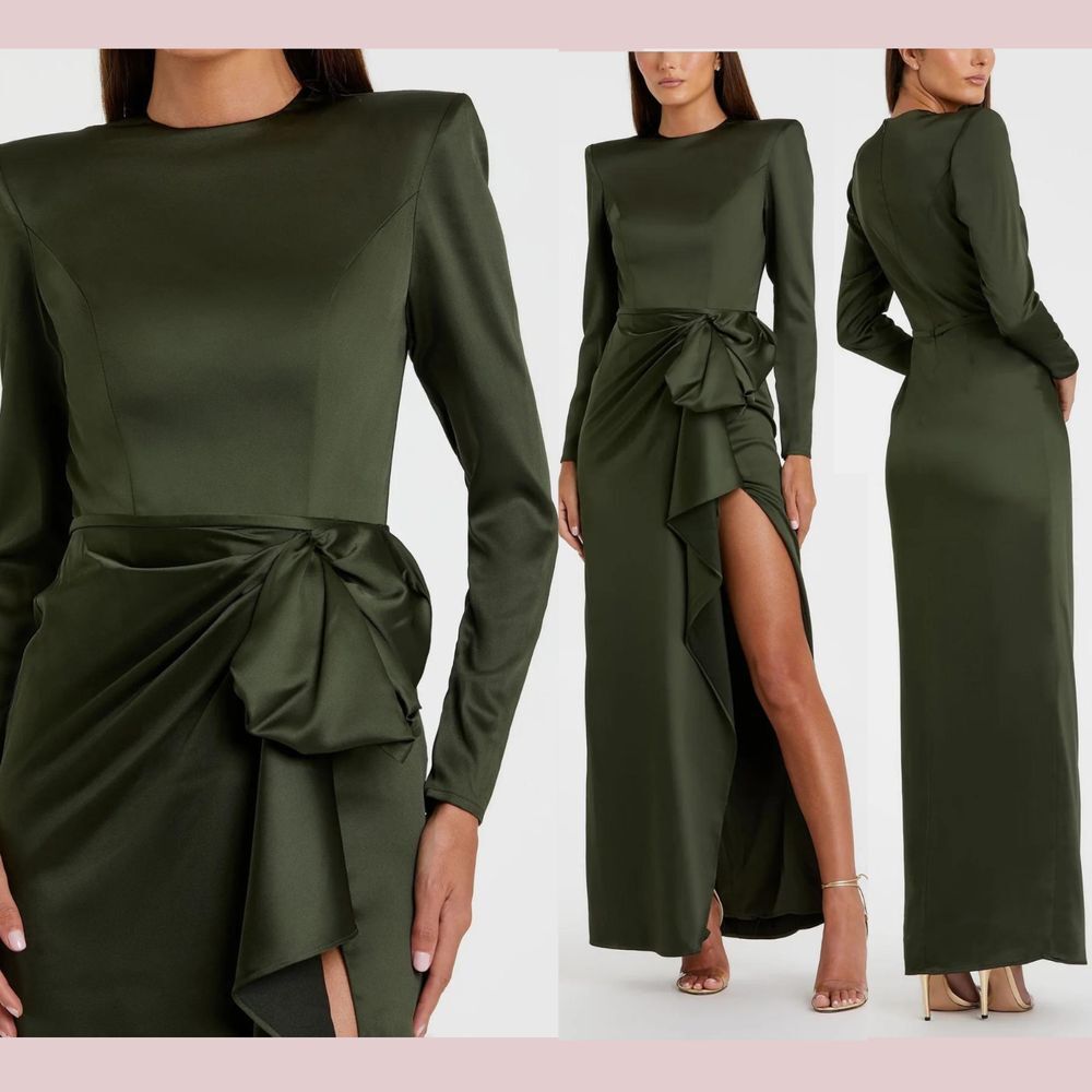 NWD IEENA Mac Duggal [ 14 ] 26676 Long Sleeve Structured Bow Draped Gown Olive‎